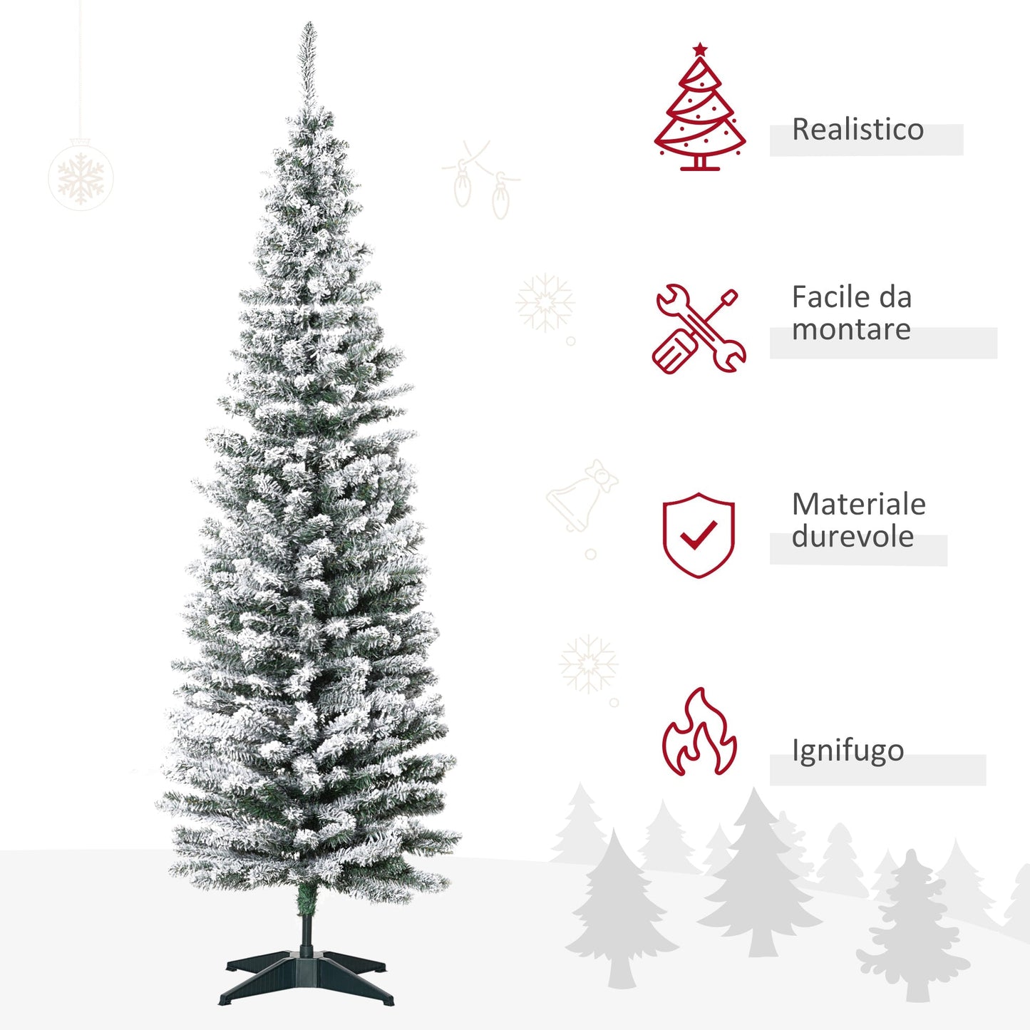 Christmas Tree with Snow Effect (SLIM Tree) 180cm Artificial Snowy Christmas Tree with 390 Branches, Removable Base Christmas Decorations - Borgè