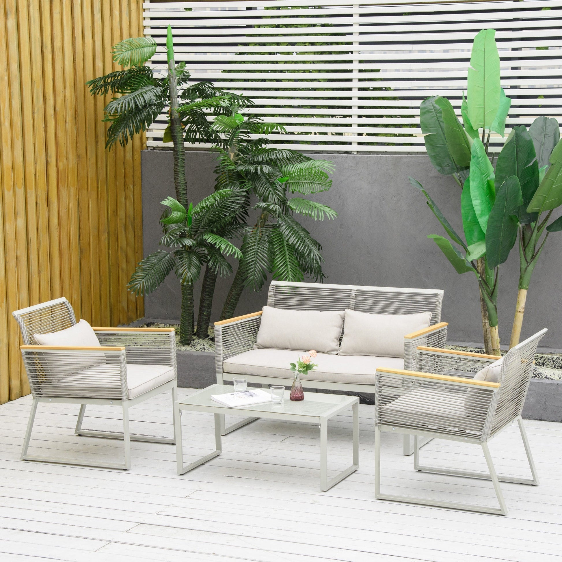 Outsunny garden set 4 pieces in Rattan pe with 2 armchairs, sofa and coffee table in Grey tempered glass - Borgè