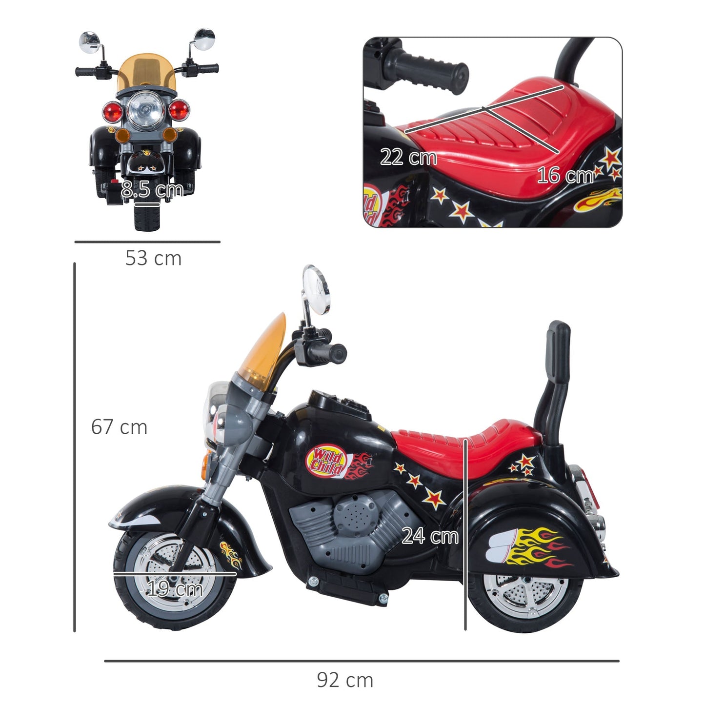 electric motorcycle for children with 3 6v wheels, black - Borgè