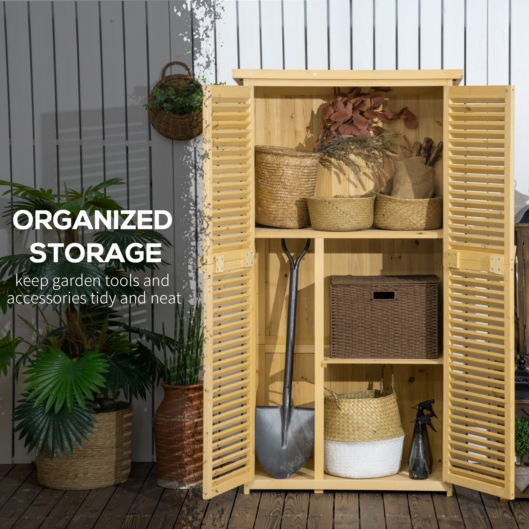 Fir and Pine Wood Garden Tool Shed with 4 Compartments, Outdoor Garden Tool Cabinet with Waterproof Roof, 87x46.5x160cm, Wood Color - Borge' Group Limited