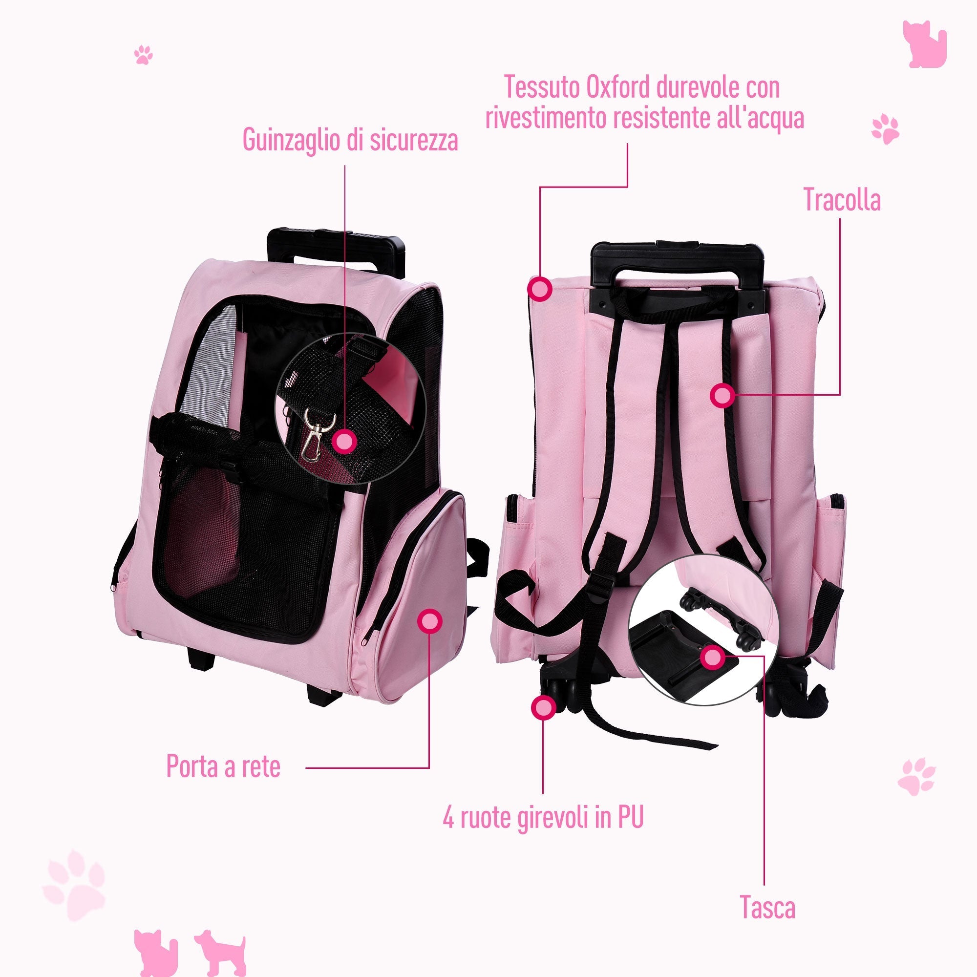 2 in 1 Dog and Cat Carrier Backpack with Side Pockets, Telescopic Handle and Wheels, 42x25x55cm, Pink - Borge' Group Limited