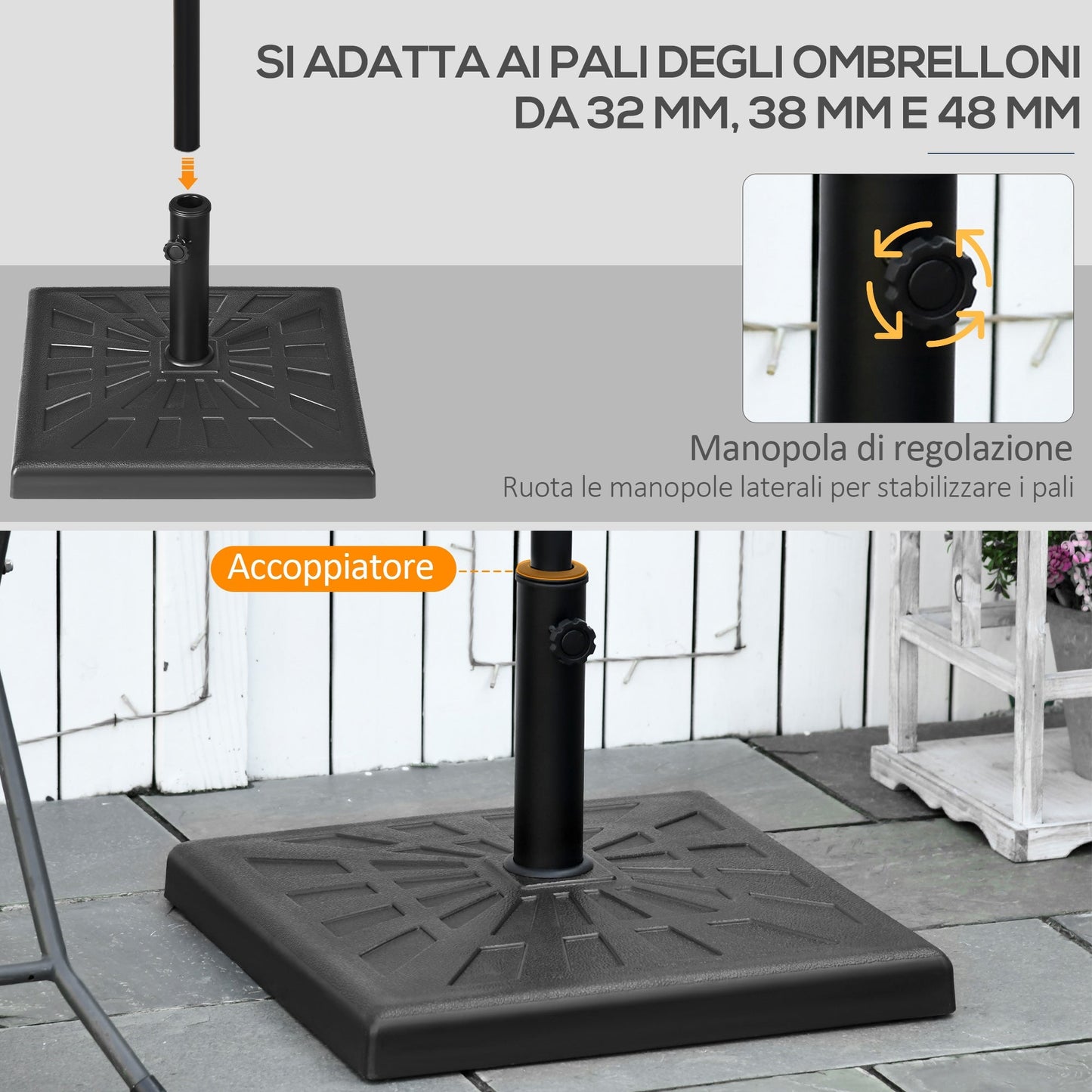 Outsunny base for umbrella of 19kg and 51x51x32 cm in resin and steel for Ø32mm poles, Ø38mm and Ø48mm, black
