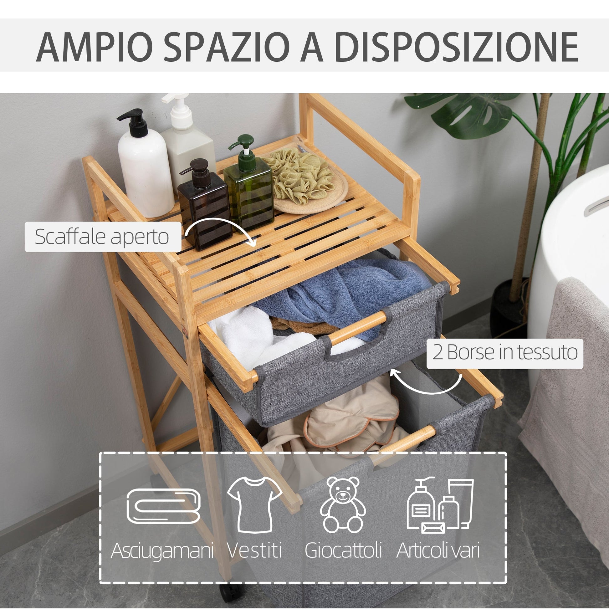 Clothes Basket with 2 Compartments and Wheels, Fabric Bags and Bamboo Structure, 42x35x84.5cm - Borgè