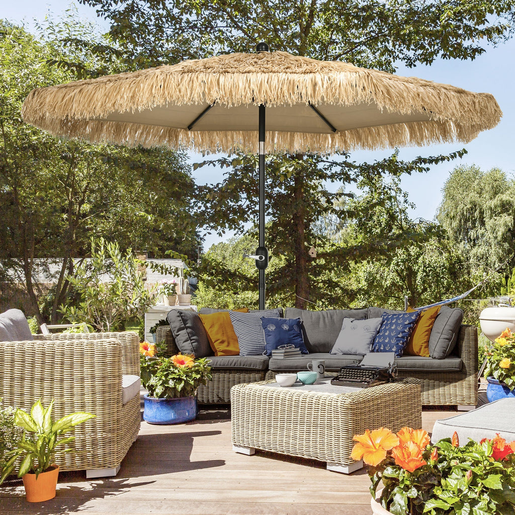 Round Garden Umbrella with Straw Cover and Crank, Ø265x250cm, Khaki - Borge' Group Limited