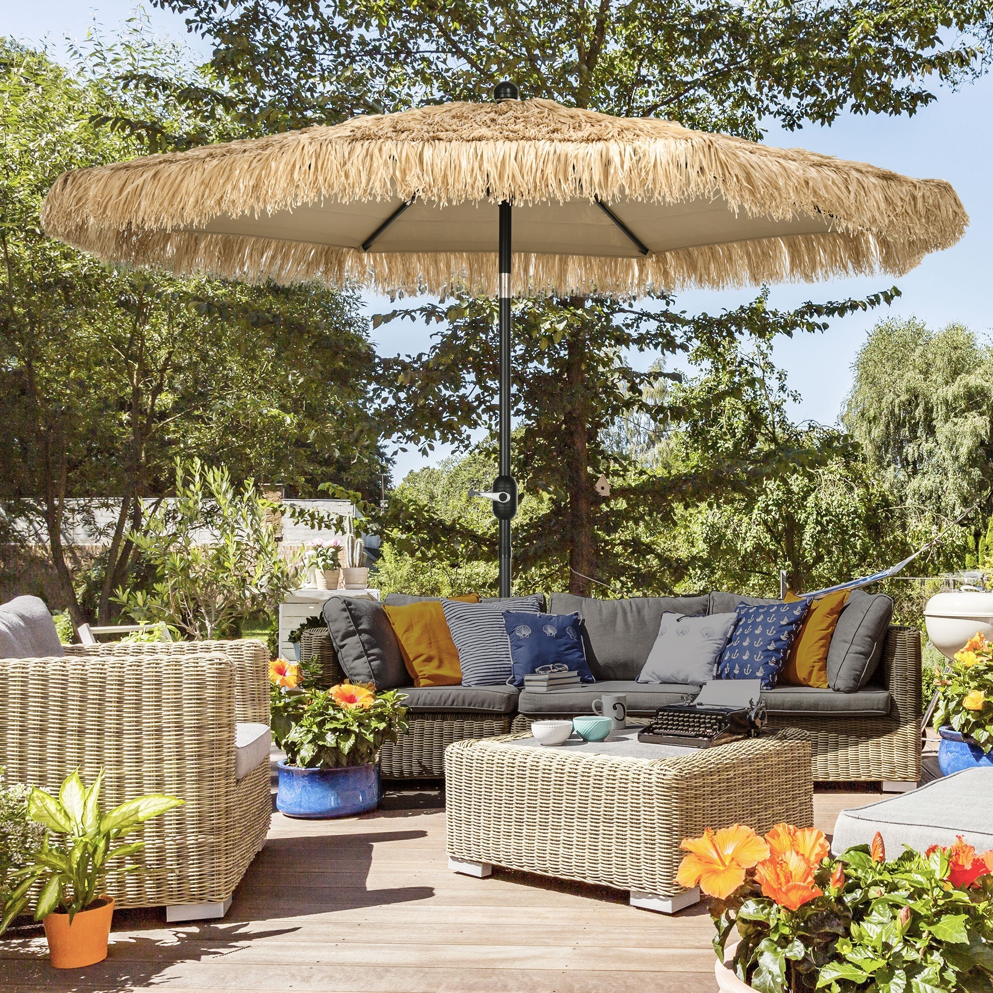Round Garden Umbrella with Straw Cover and Crank, Ø265x250cm, Khaki - Borge' Group Limited