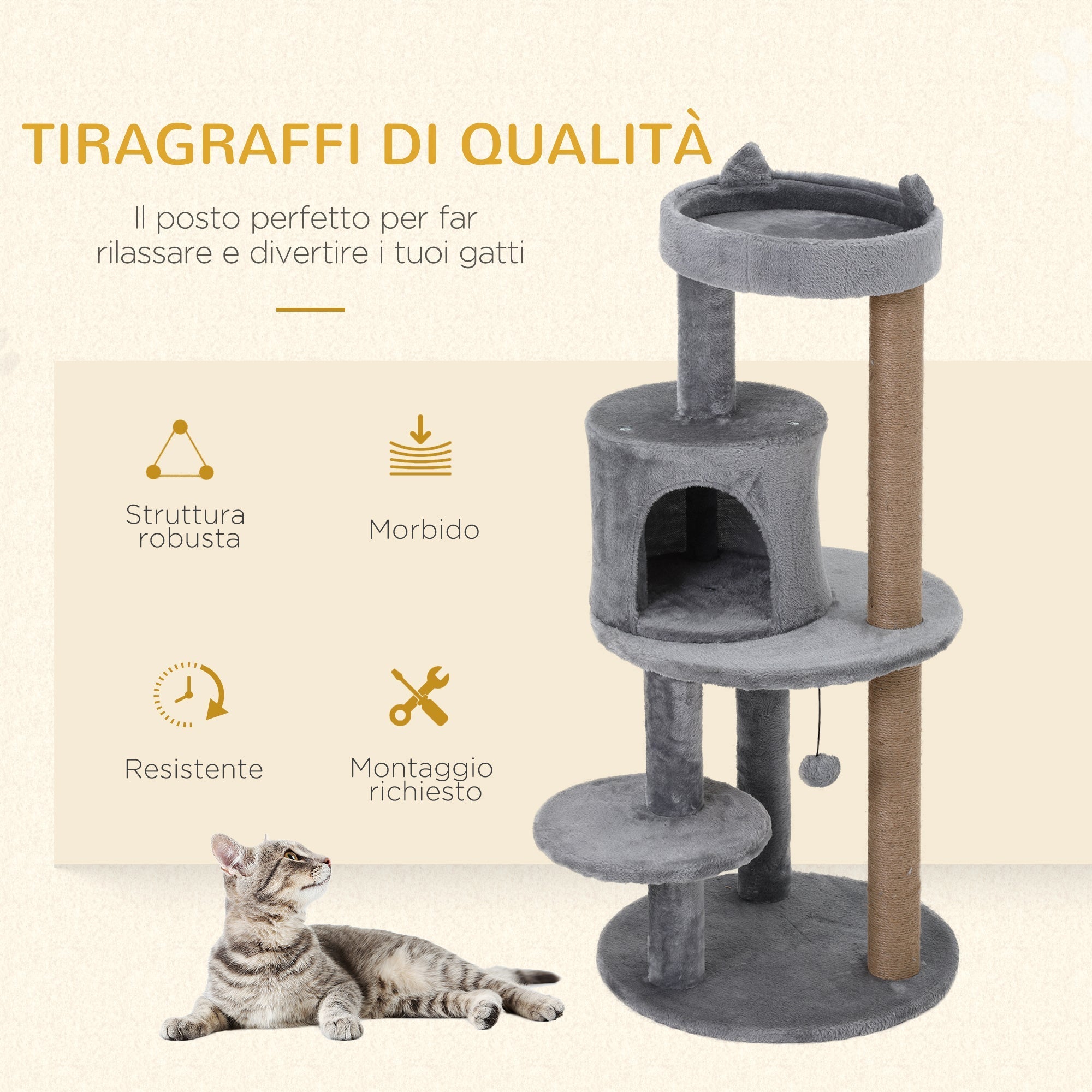 Cat Tree for cats with Scratch Pole 1-2 cats of 4.5kg with 3 levels Grey 48x48x104cm - Borge' Group Limited