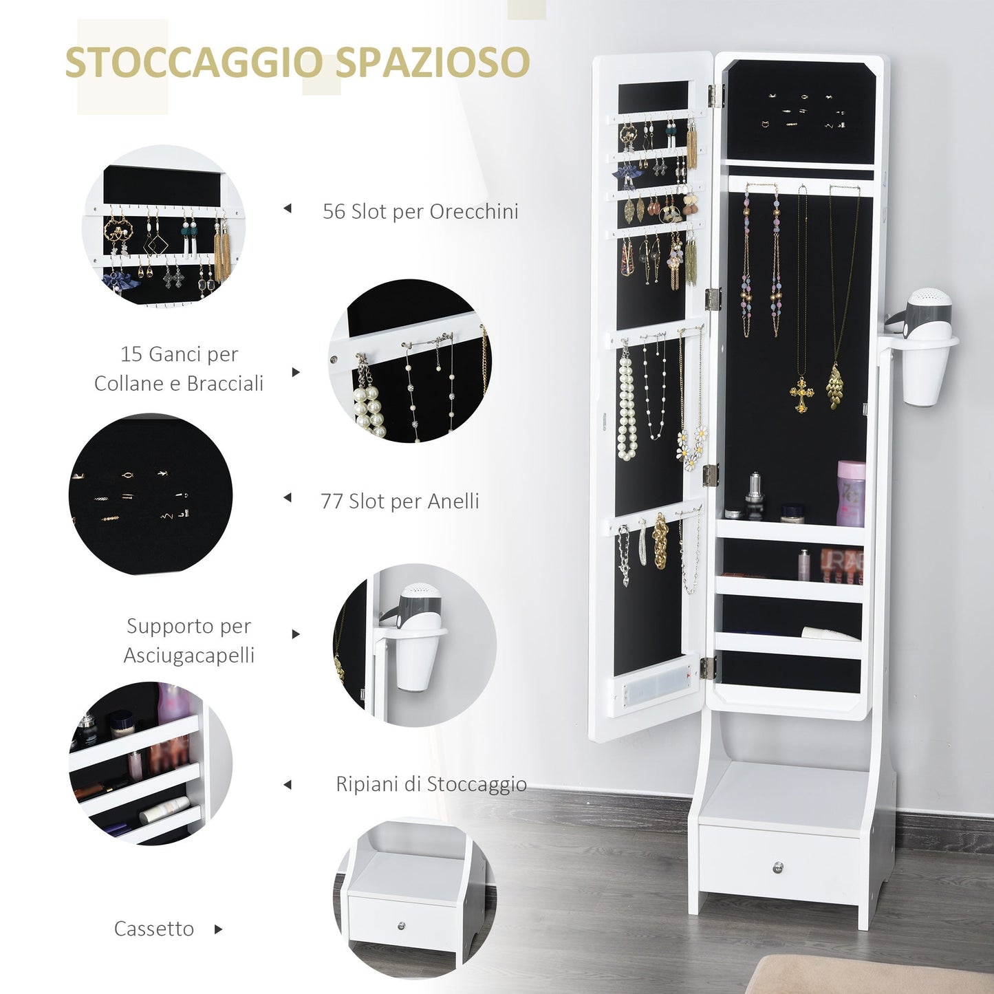 Portagioie wardrobe with mirror and adjustable LED lights with touch switch - Borgè