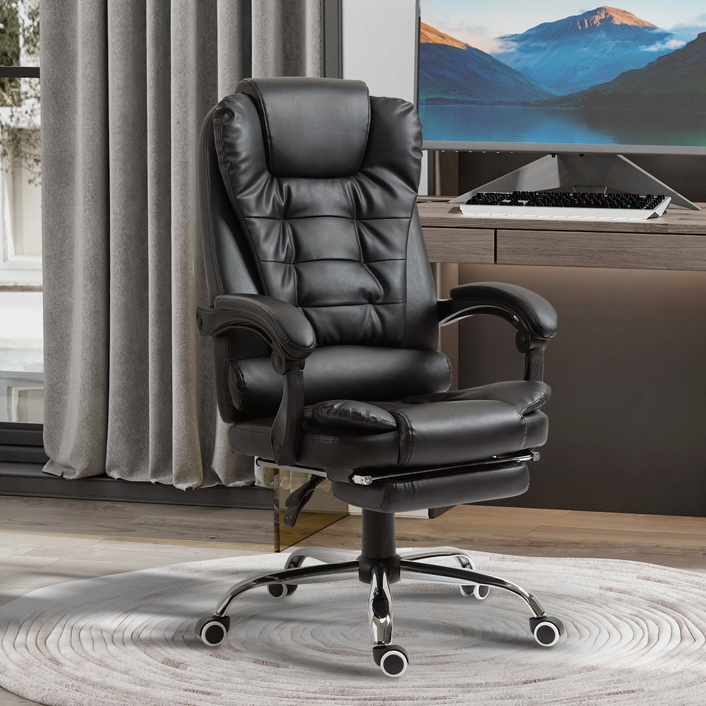 office chair at adjustable height with reclining back and footrest, 64.5x69x117-127 cm, black