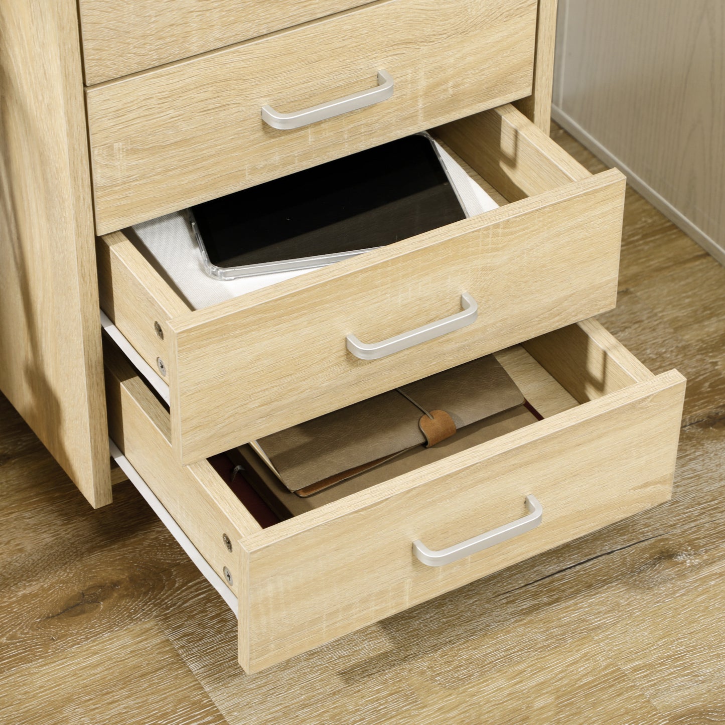 Wooden designer winner with 4 drawers, wheels and raised edges, 40x36x65cm, natural wood - Borgè