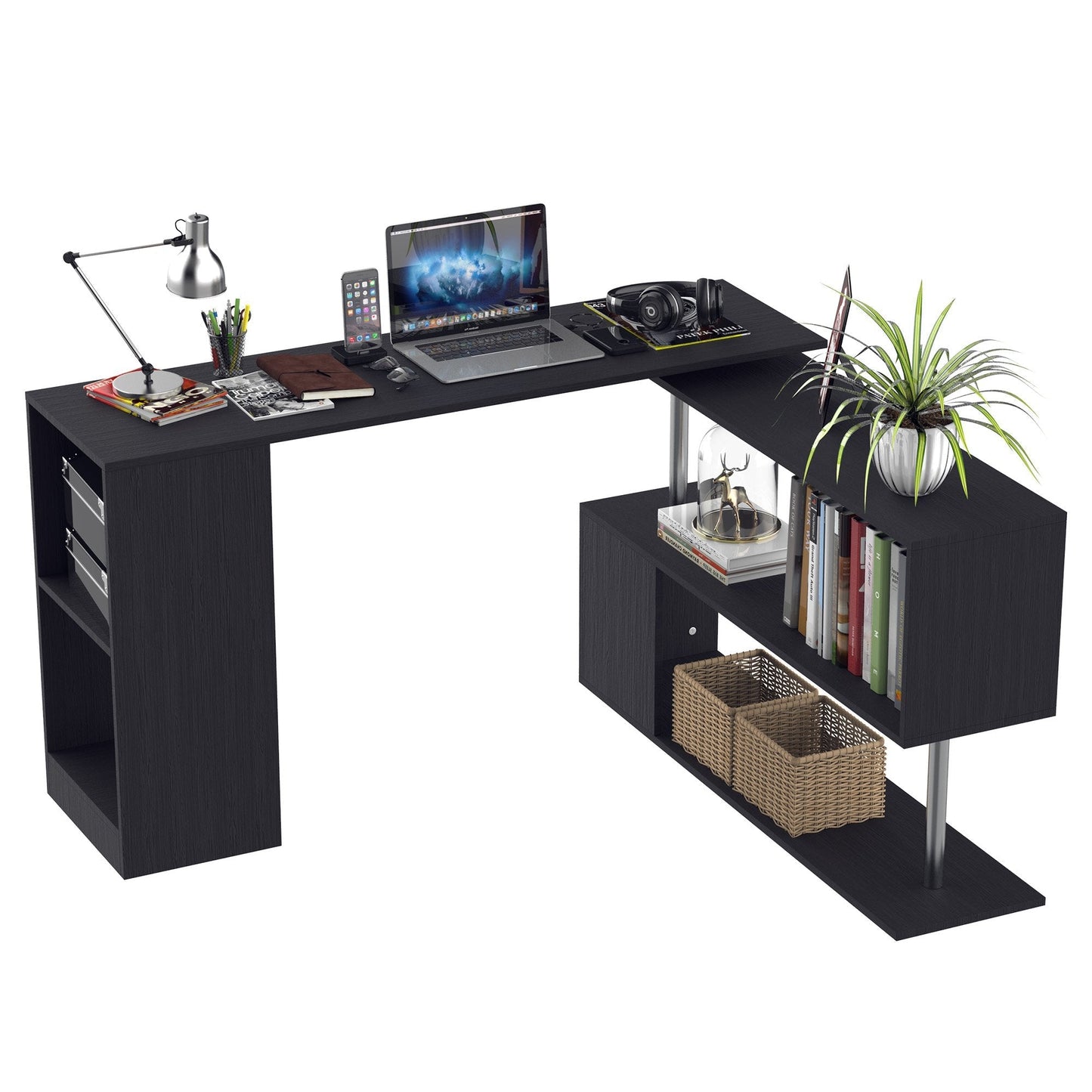 Corner Computer Desk with Shelves 360Â° Swivel L Shape Wooden