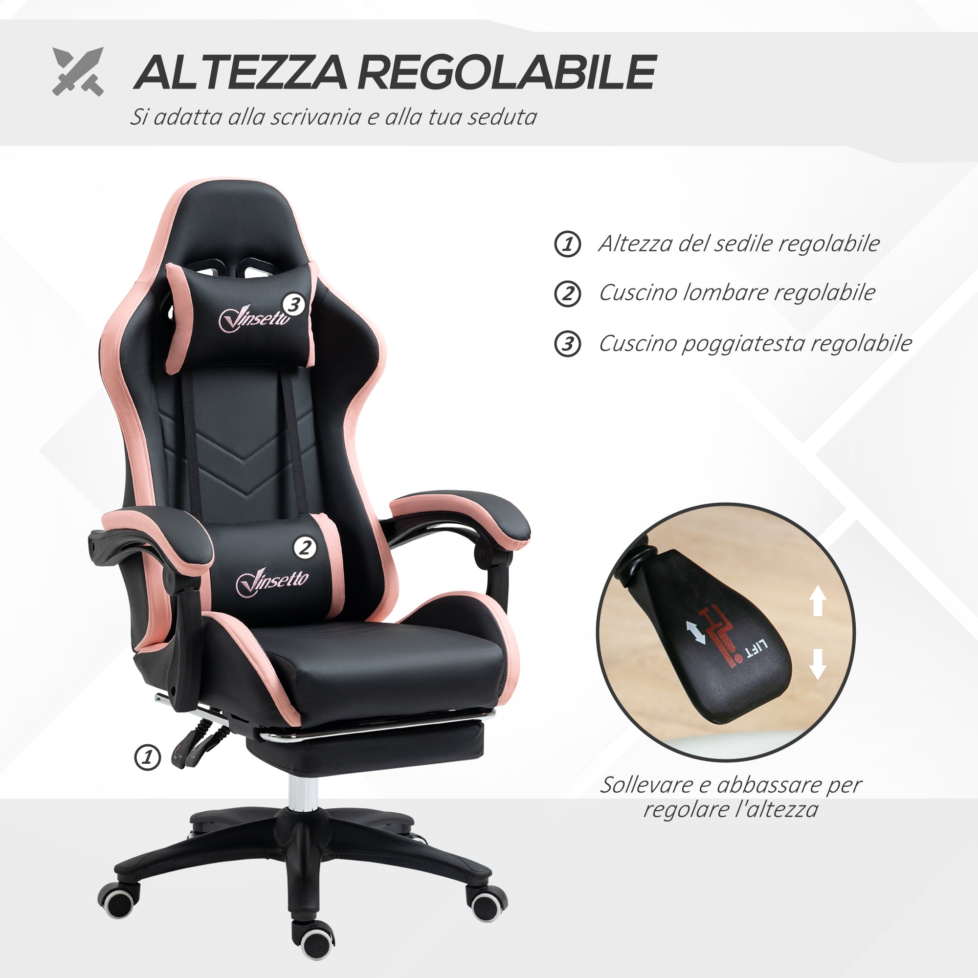 Pink and black gaming chair with adjustable height and reclining height, 65x65x121-129 cm - Borgè