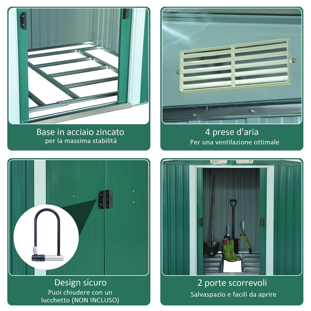 Steel Sheet Garden Tool Shed, Steel Garden Shed with Structure Base and Sliding Doors, 258x206x178cm, Green - Borge' Group Limited