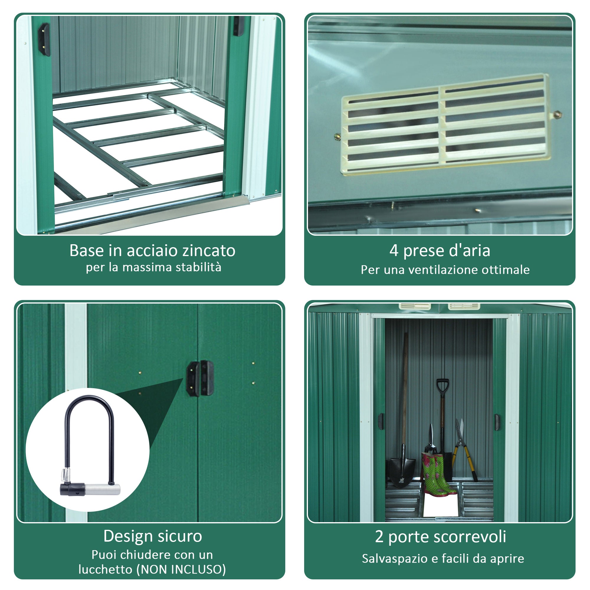 Steel Sheet Garden Tool Shed, Steel Garden Shed with Structure Base and Sliding Doors, 258x206x178cm, Green - Borge' Group Limited