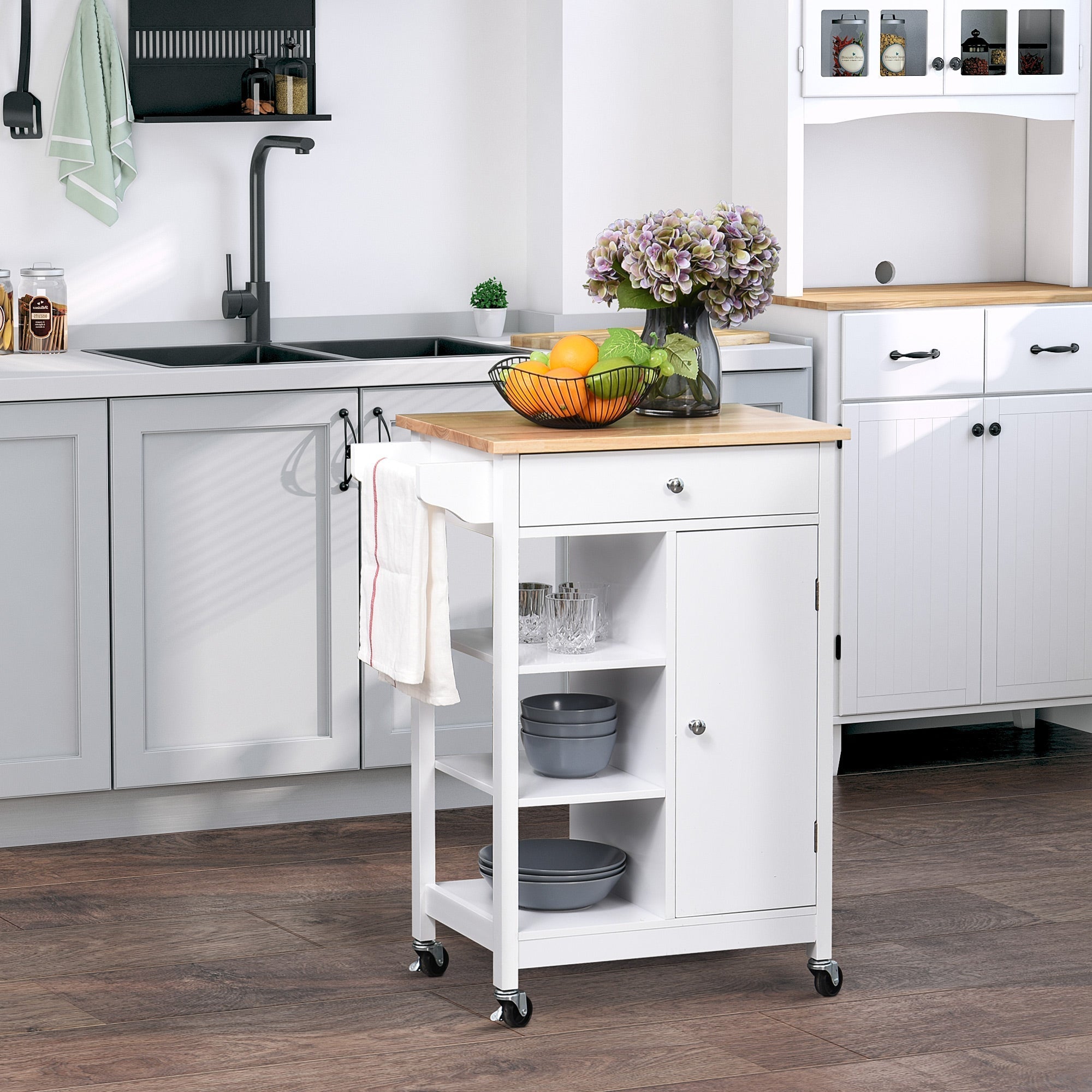 kitchen trolley with antina drawer and 3 open shelves in white wood 66 x 39.5 x 86.5 cm - Borgè