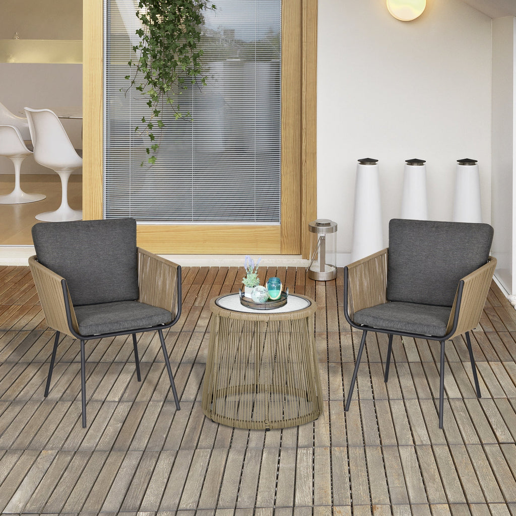 Set of 2 Outdoor Chairs with Table in PE Rattan Boho Style, Khaki and Grey - Borge' Group Limited