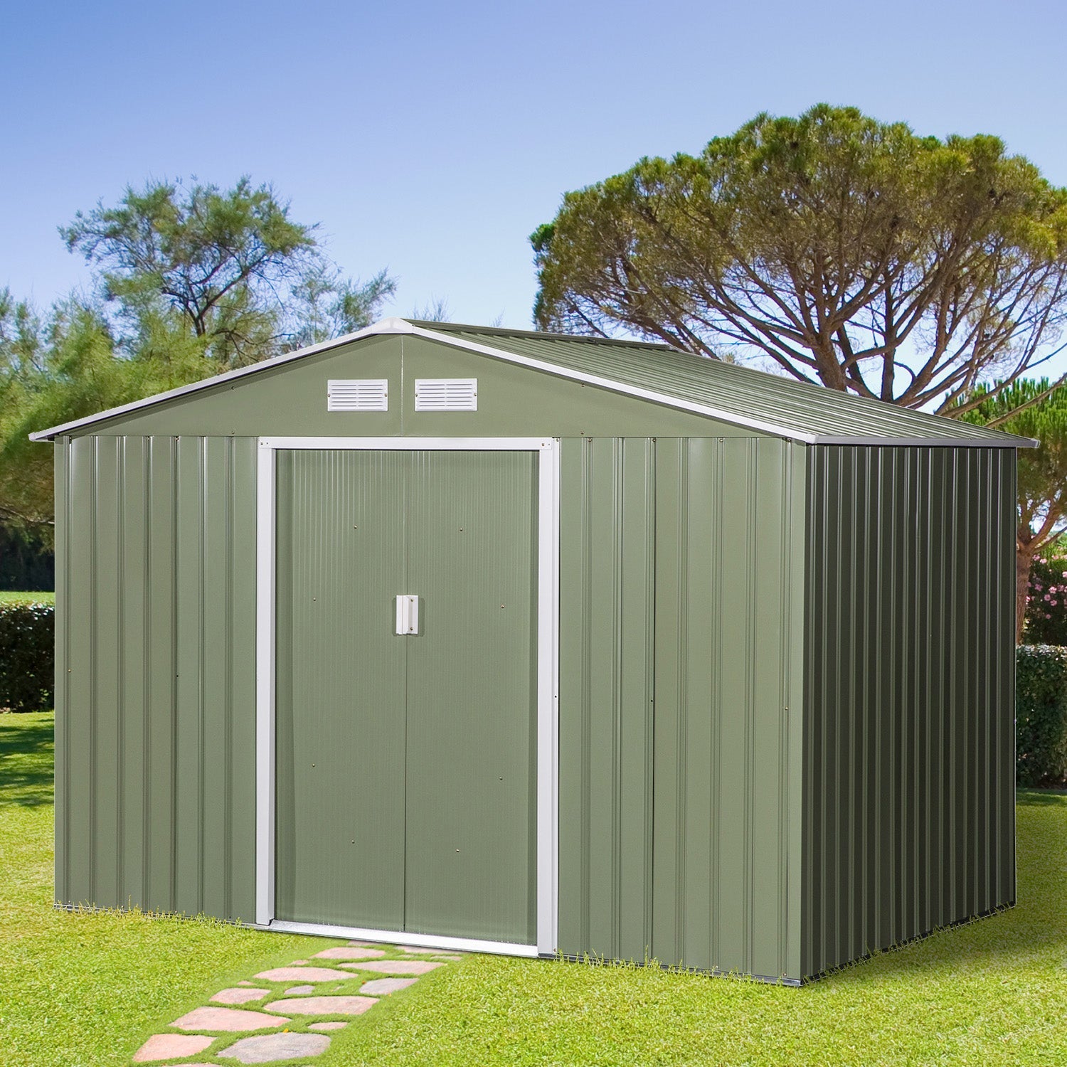 Garden Shed with 2 Sliding Doors and 4 Air Vents in Steel, 277x195x192cm, Light Green - Borge' Group Limited