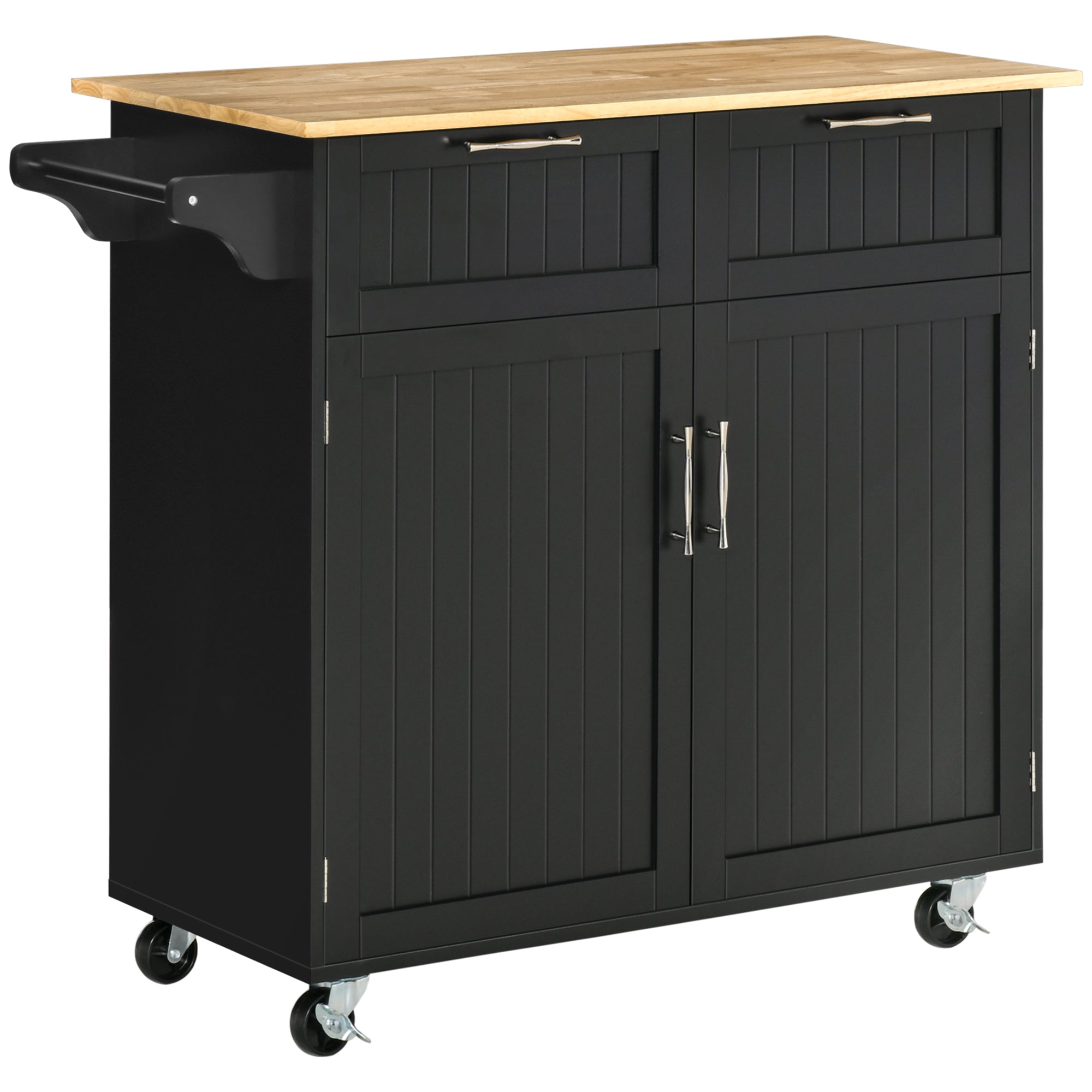 Multiuse wooden kitchen trolley with 2 drawers, locker and 4 wheels, 104x46x91cm, black - Borgè