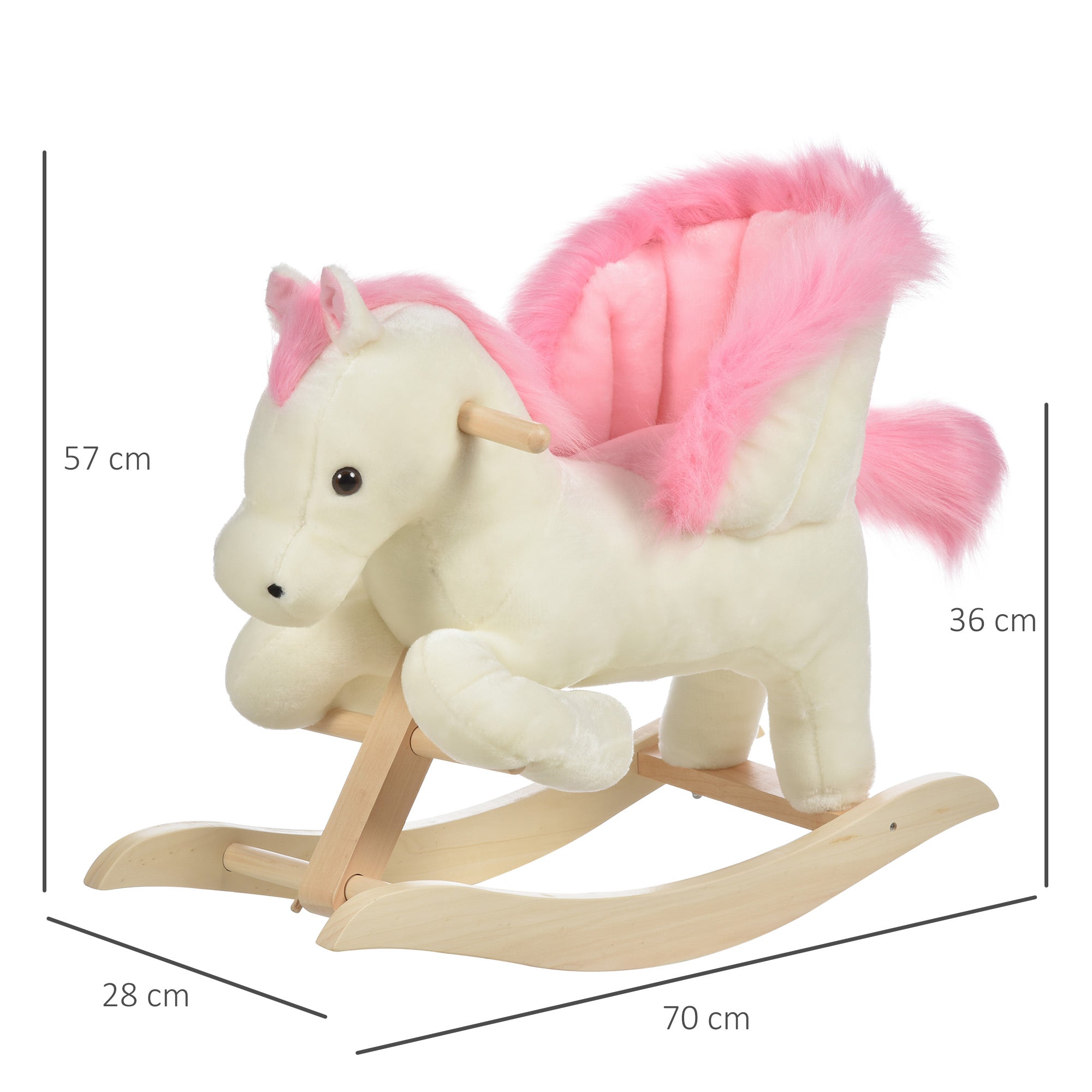 White and Pink Rocking Horse with Sounds and Poplar Wood Structure for Children 18-36 Months, 70x28x57cm - Borgè