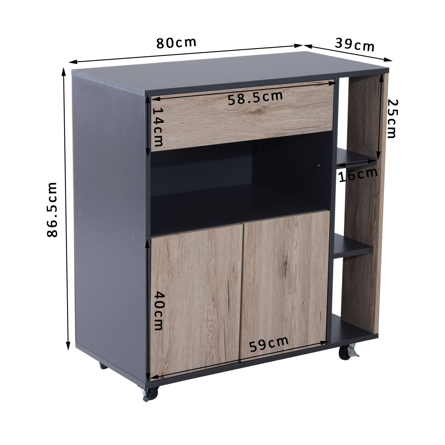 Multiuse wooden kitchen auxiliary cabinet with wheels, 80x39x86.5cm - Borgè