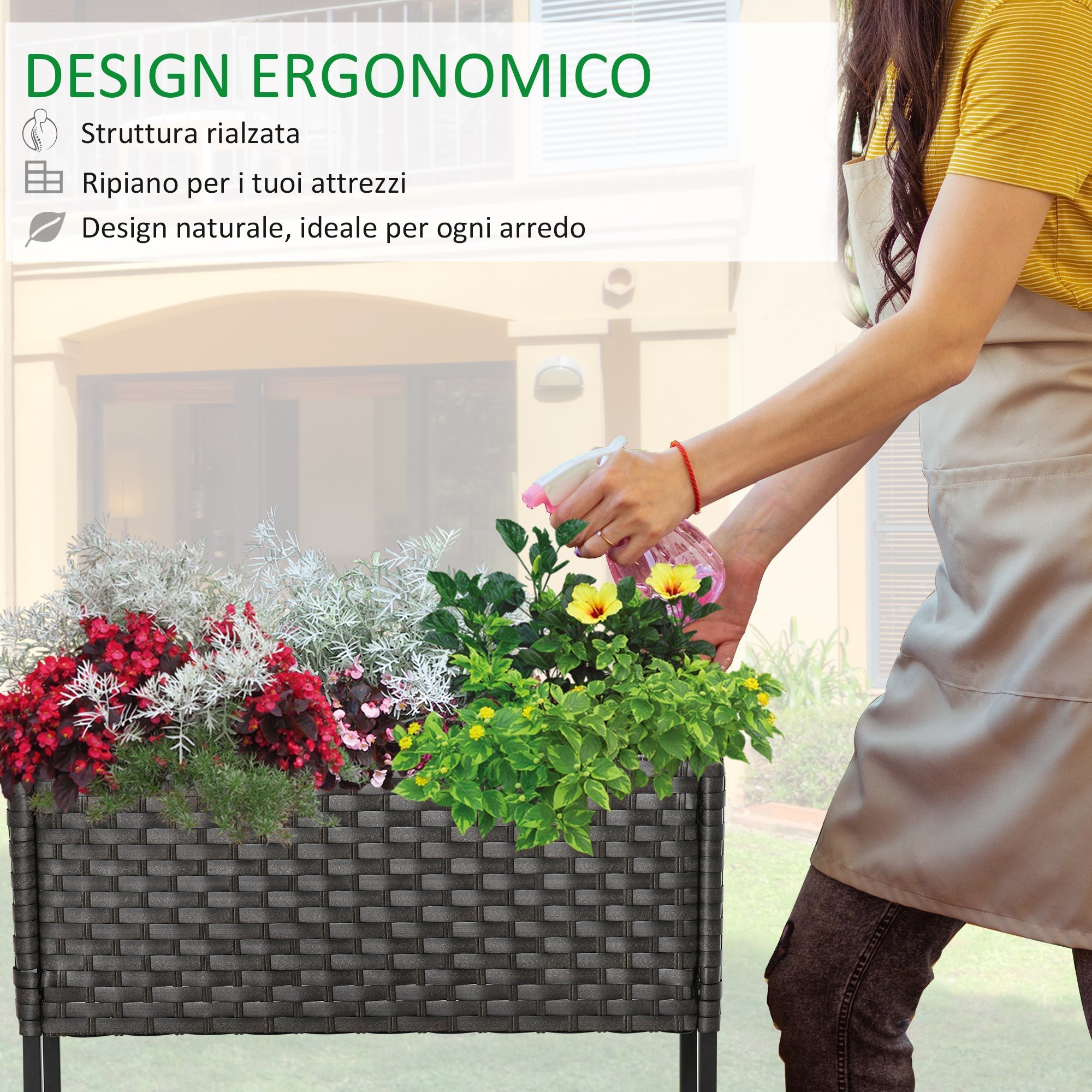 Raised Garden Bed, Wicker-Effect Planter with Shelf, Raised Garden Bed for Indoor and Outdoor Use, Grey (70cm x 30cm x 72cm) - Borge' Group Limited