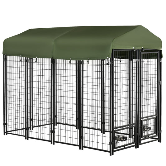 Pawhut Kennel for interior and outdoor steel dogs with oxford fabric roof and 2 bowls, 244x122x183 cm - Borgè