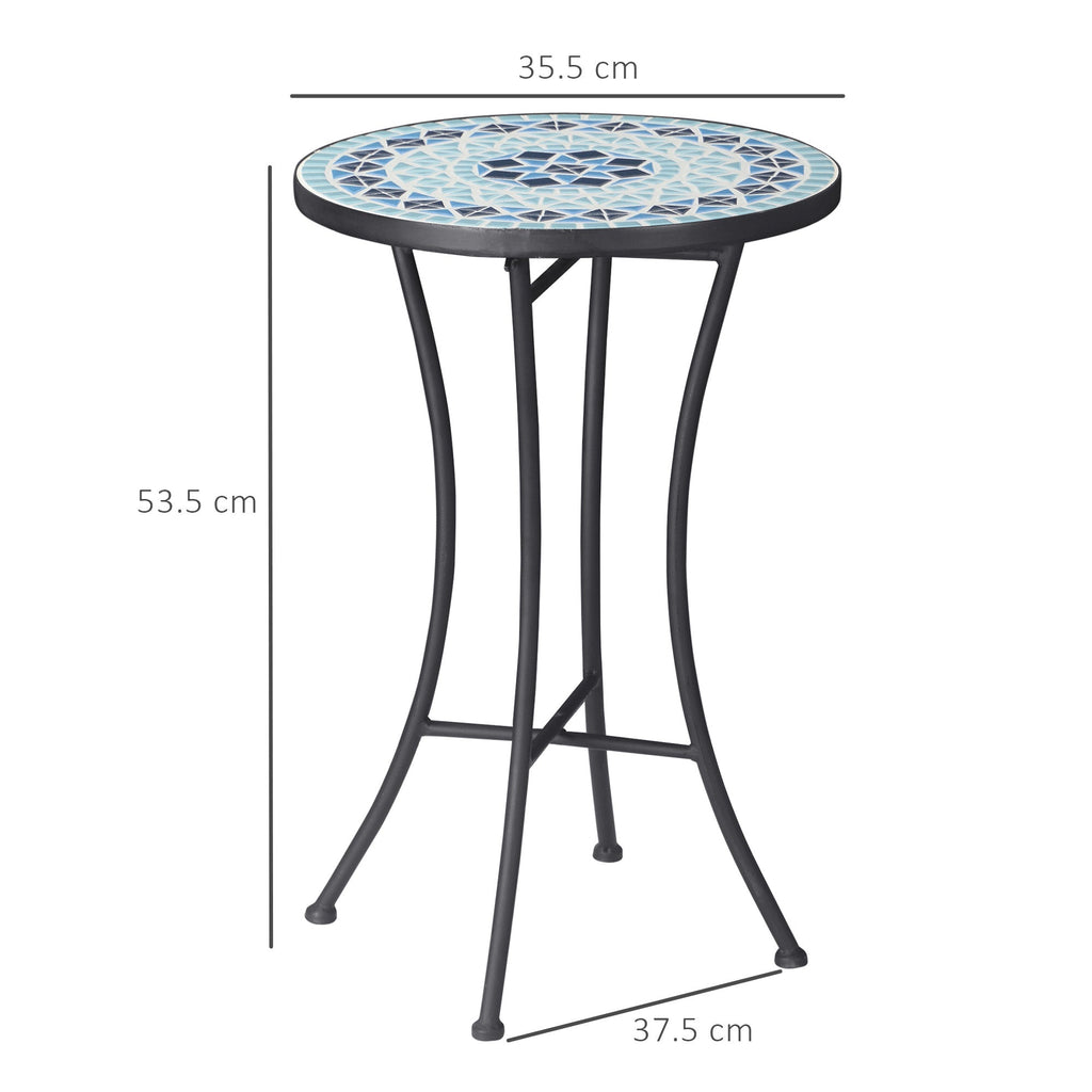 Round Metal Garden Coffee Table with Ceramic Top, Mosaic Design, Ф35.5x53.5cm, Blue - Borge' Group Limited
