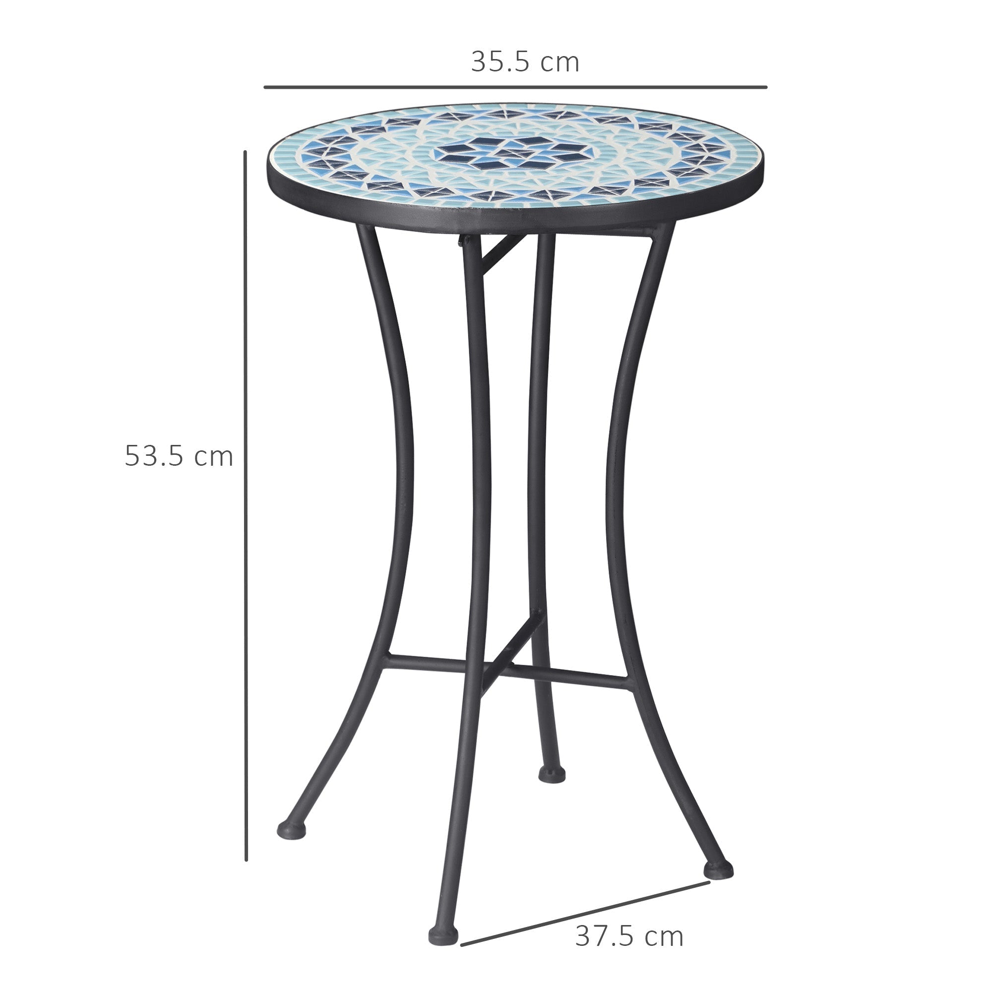Round Metal Garden Coffee Table with Ceramic Top, Mosaic Design, Ф35.5x53.5cm, Blue - Borge' Group Limited