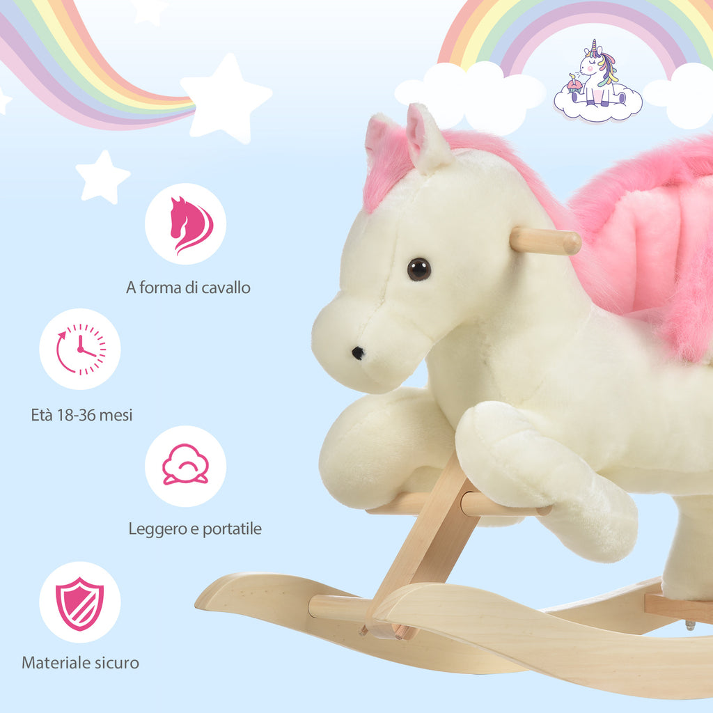 White and Pink Rocking Horse with Sounds and Poplar Wood Structure for Children 18-36 Months, 70x28x57cm - Borgè