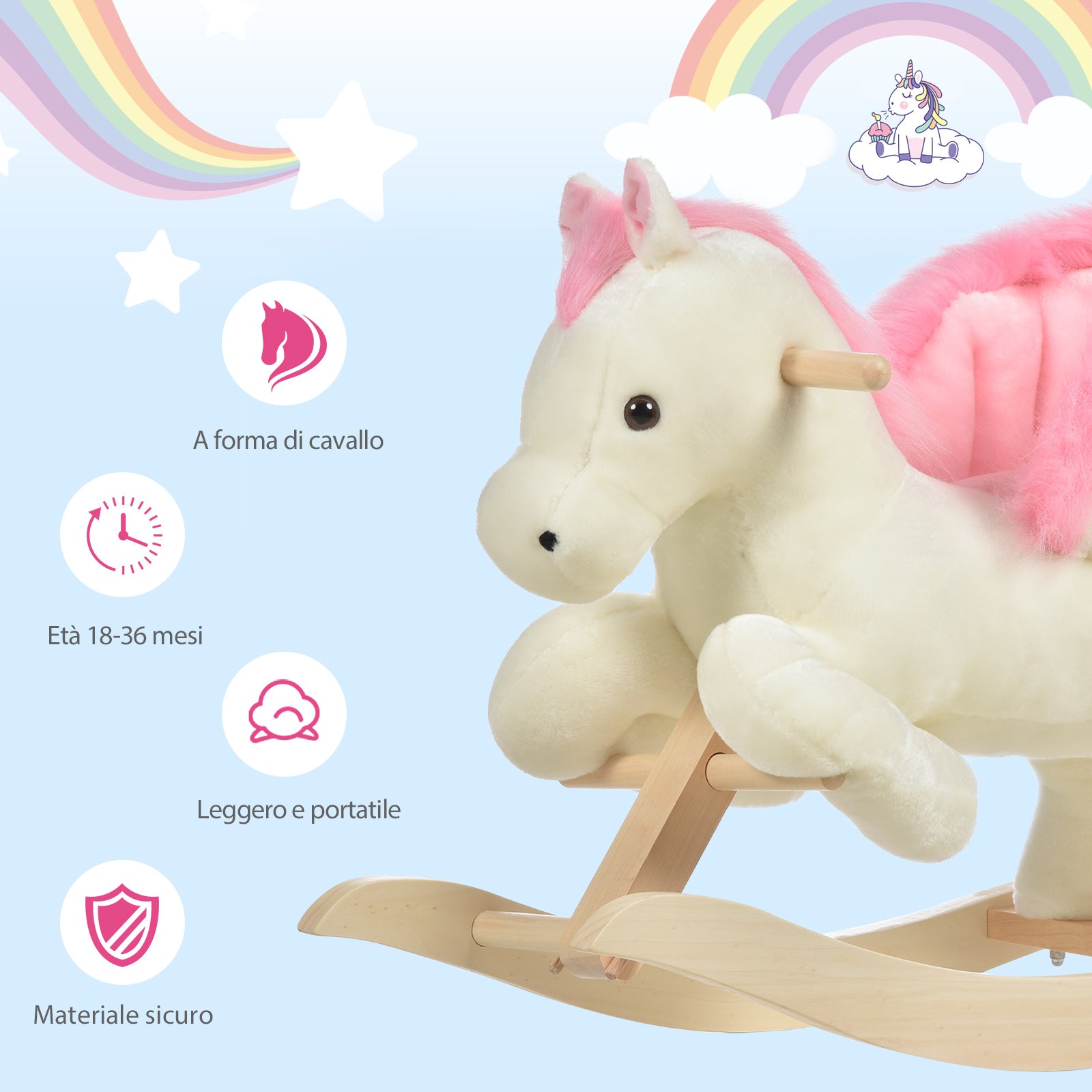 White and Pink Rocking Horse with Sounds and Poplar Wood Structure for Children 18-36 Months, 70x28x57cm - Borgè