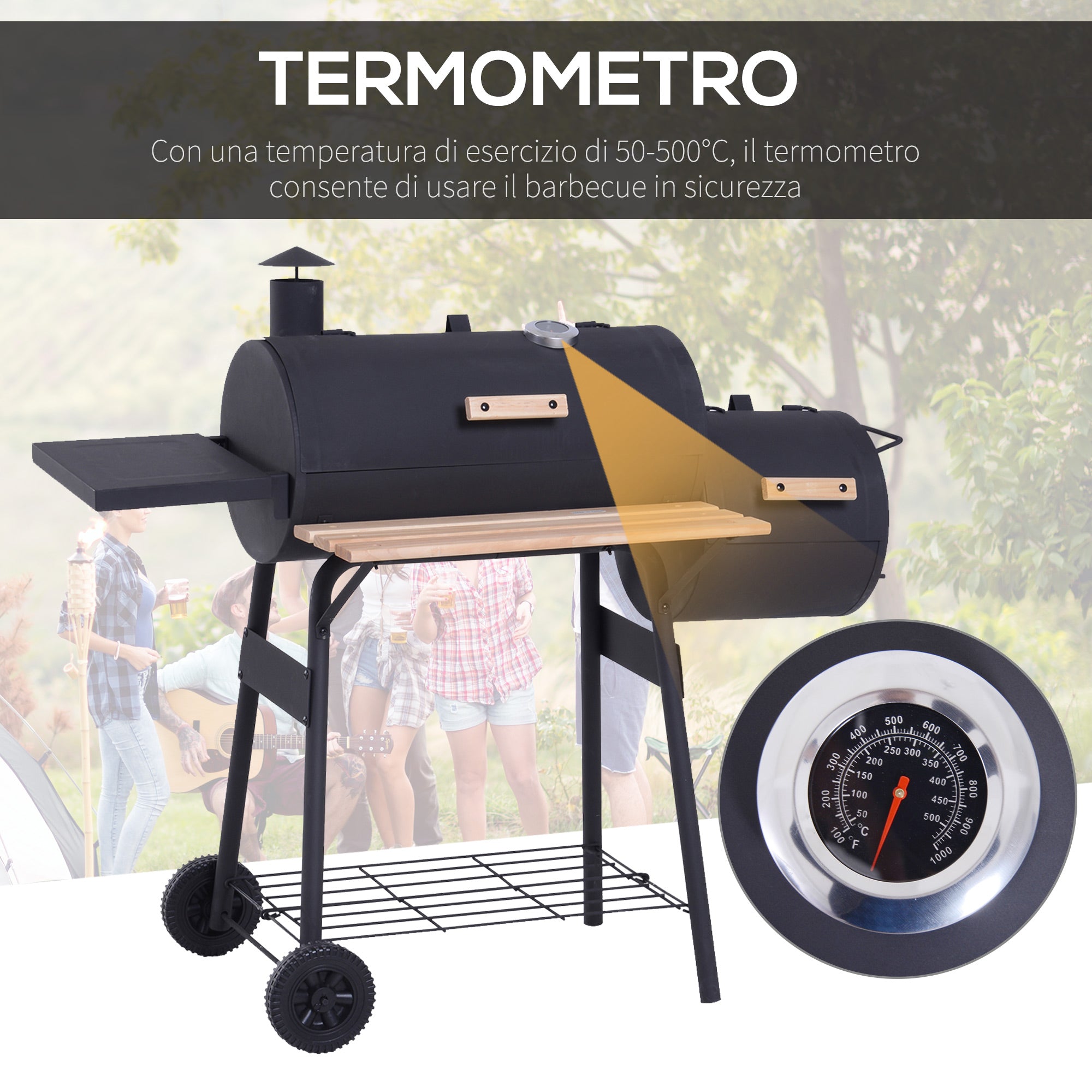 Charcoal Barbecue with Lid and Smoker, Garden BBQ with Shelves and Wheels 124x53x104 cm, Black - Borge' Group Limited