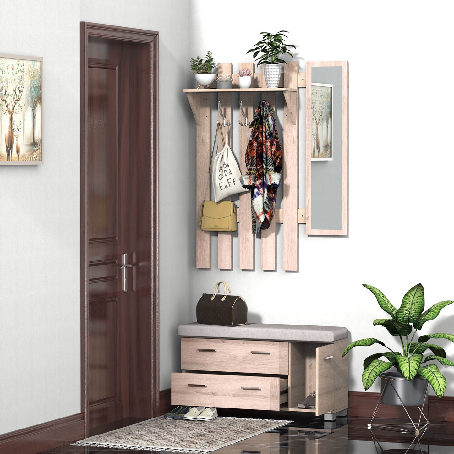 Set 3 pieces SCARTABLE HAPPENDIBITS AND Mirror for wooden entrance - Borgè