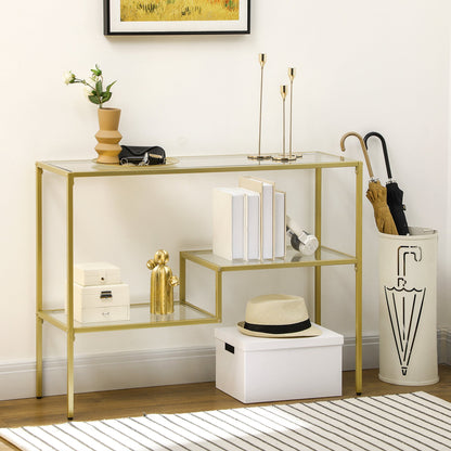 HOMCOM 3-Tier Steel and Tempered Glass Entrance Console Table, 100x32x76 cm, Gold - Borgè