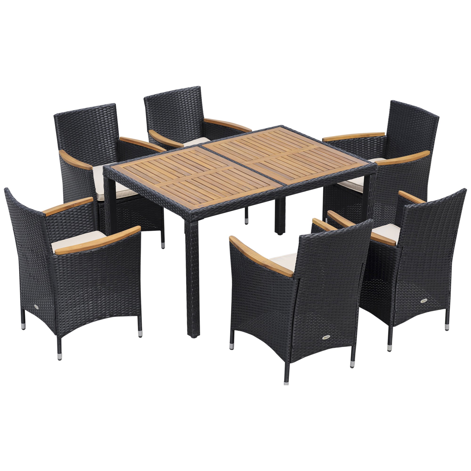 7-Piece Garden Table and Chair Set in PE Rattan and Wood with Soft Cushions, Black - Borge' Group Limited