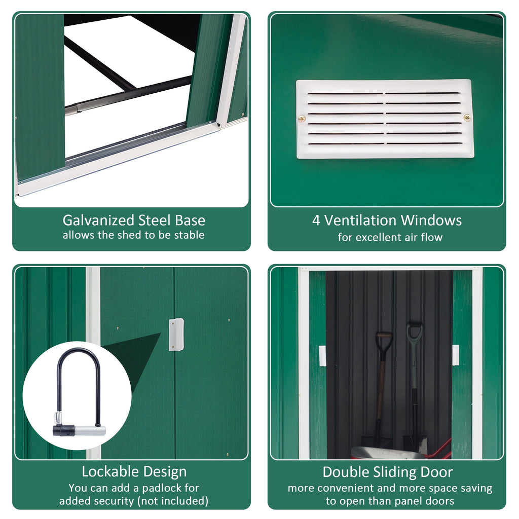 Garden Shed with Base and Double Sliding Doors, Steel Garden Shed, 277x195x192 cm, Dark Green - Borge' Group Limited