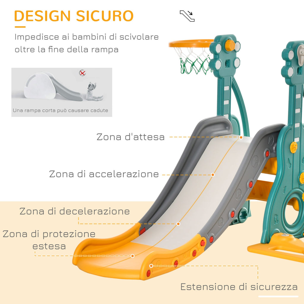 slide for children 18 months-3 years with adjustable swing and basket in multicolor hdpe 152x149x107cm - Borgè