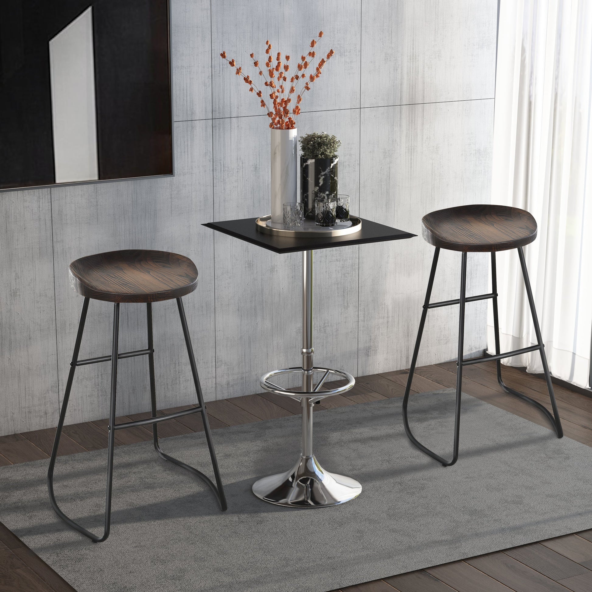 Set 2 High Stools from industrial style bar in black steel and wood - Borgè