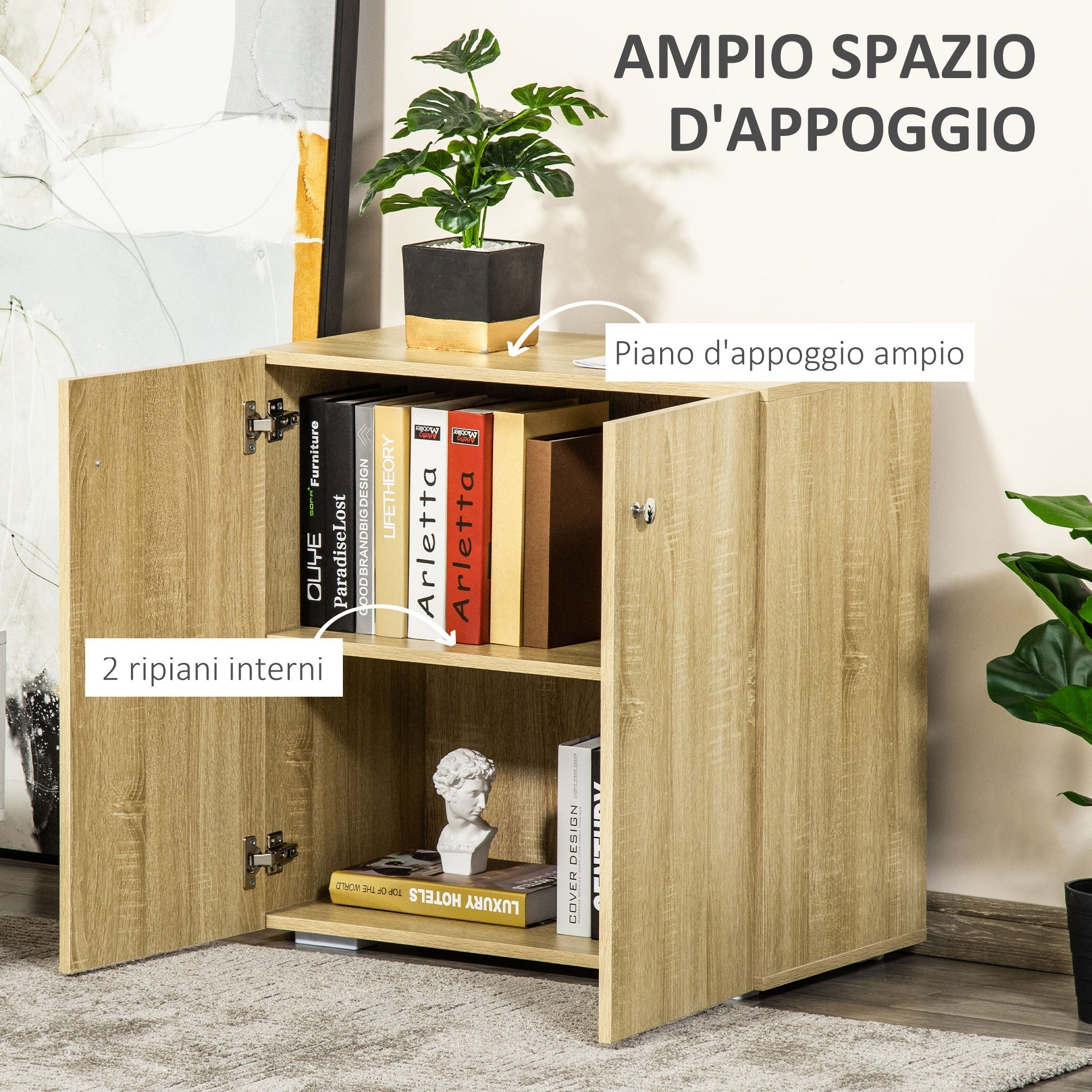 Multiuse cabinet with 2 doors for living room or office, 70x39x70cm - Wooden color - Borgè