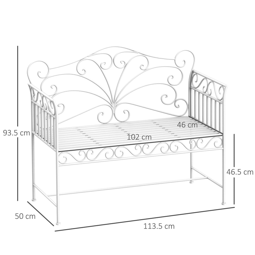 2-Seater Outdoor Bench, Romantic Style Iron Garden Bench 113.5 x 50 x 96cm White - Borge' Group Limited