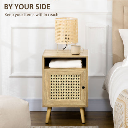 Set 2 modern bedside tables with locker and open shelf, in chipboard and rattan, 39x35x60 cm