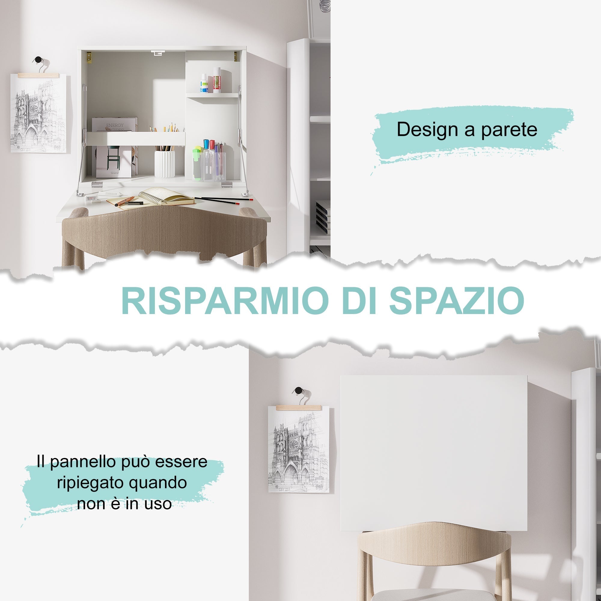 Folding Wall Desk and Space -Space With Shelves, for home and Office, in Truciolato and MDF, 60x21.5x50 cm, white - Borgè