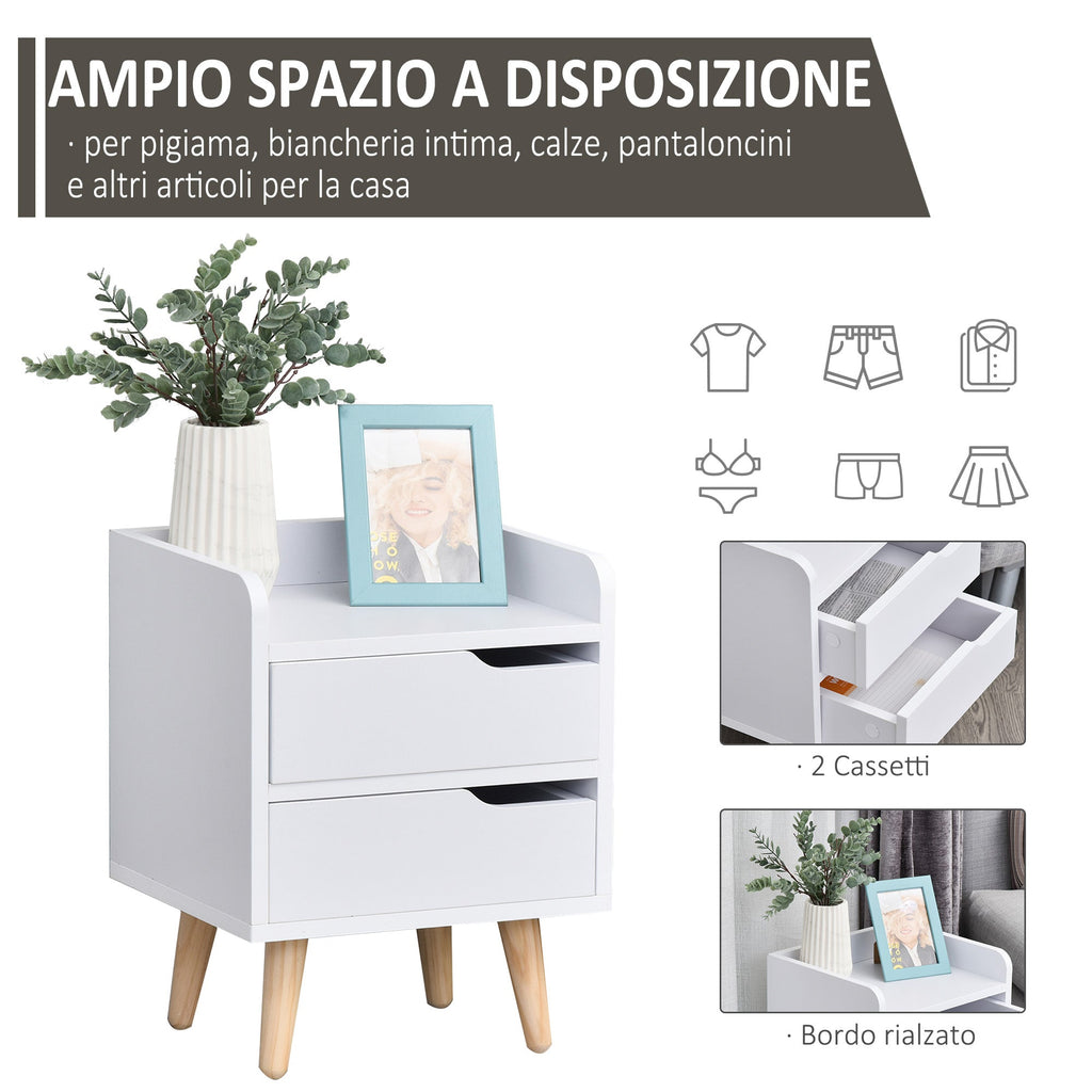 bedside table with modern white design with drawers and wooden feet - Borgè