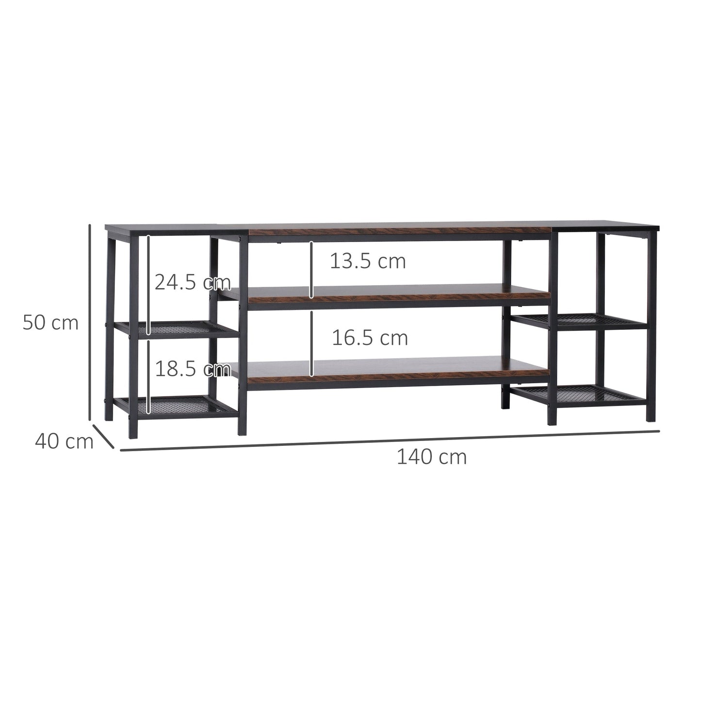 Modern TV Mobile for TV up to 65 "with 6 open shelves, in steel and chipboard, 140x40x50 cm, brown and black - Borgè