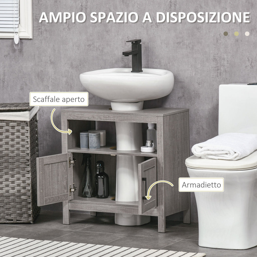 Kleankin Mobile sublavabo with 2 doors and wooden shelves 60x30x60cm, Grey wooden shelves - Borgè