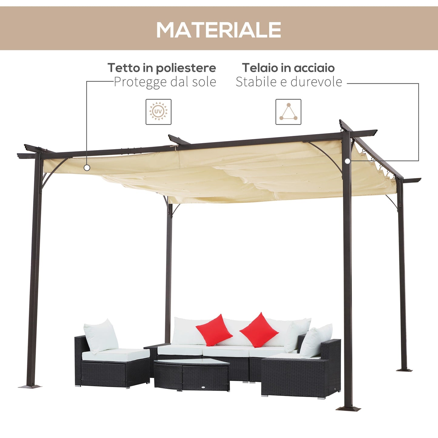 MISSES | Garden Pergola with Retractable Parasol, Black Frame, and Beige Canopy (350 x 350 x 230cm) - Borgè