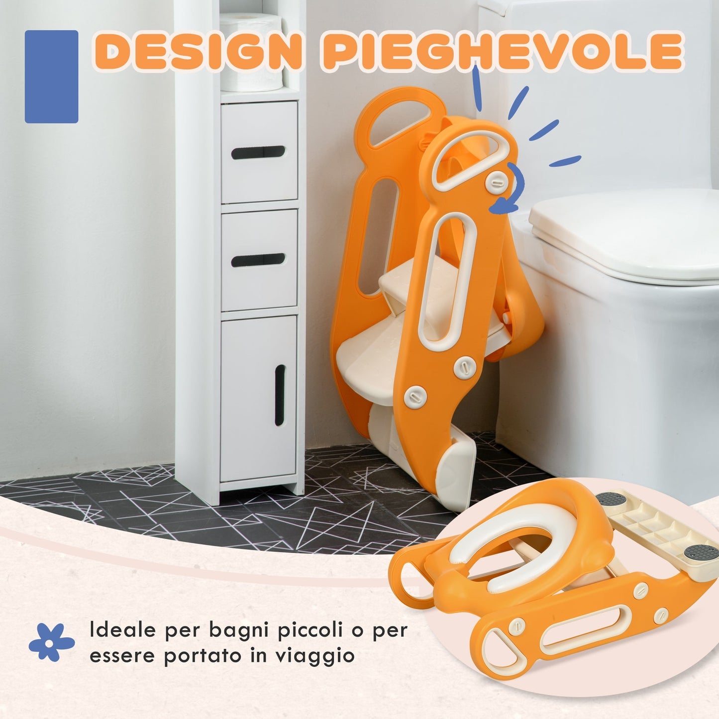 Toilet Child Seat with folding ladder, side handles and removable pillow, orange - Borgè