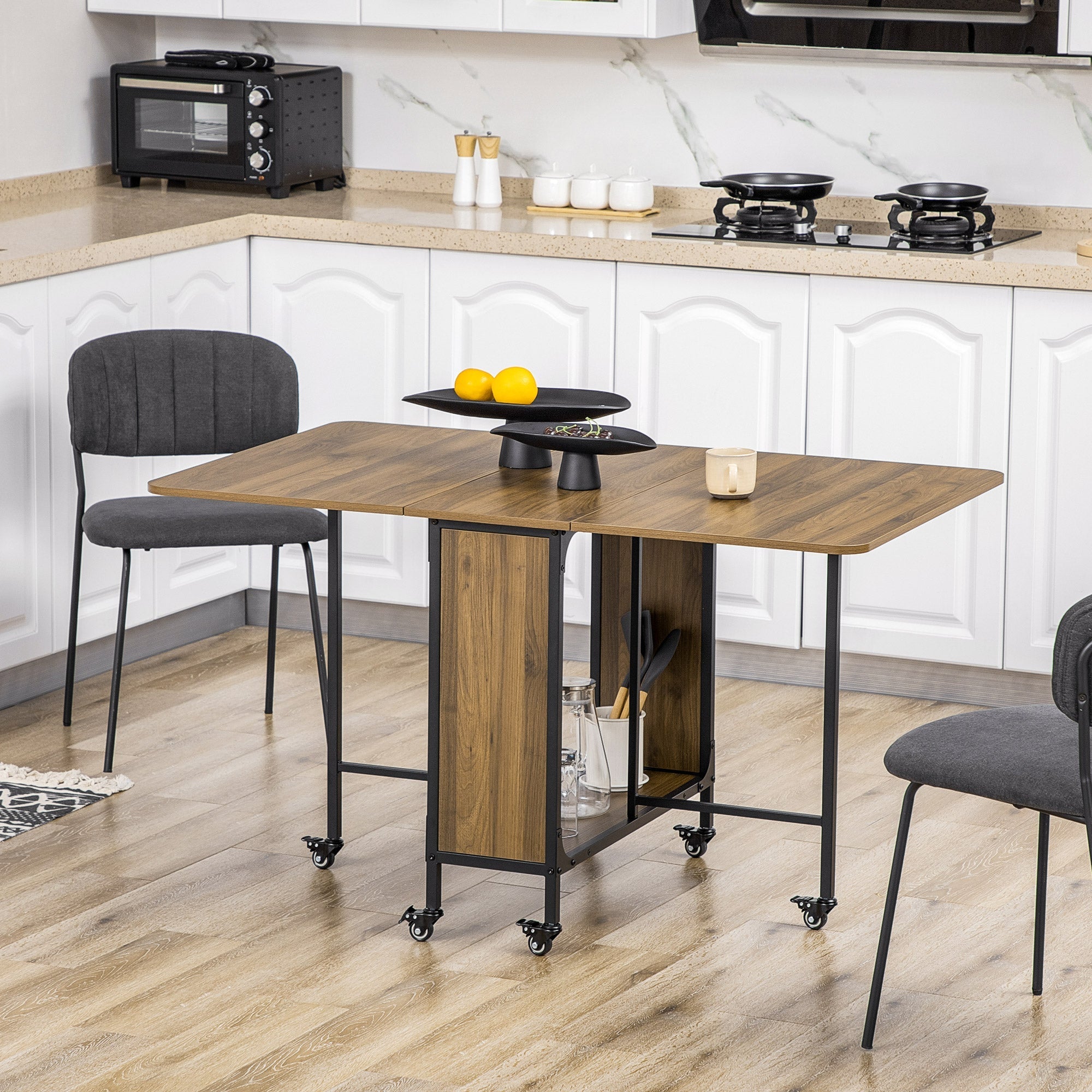 Homcom Folding table with 6 wheels and industrial style shelf in wood and metal, light brown - Borgè