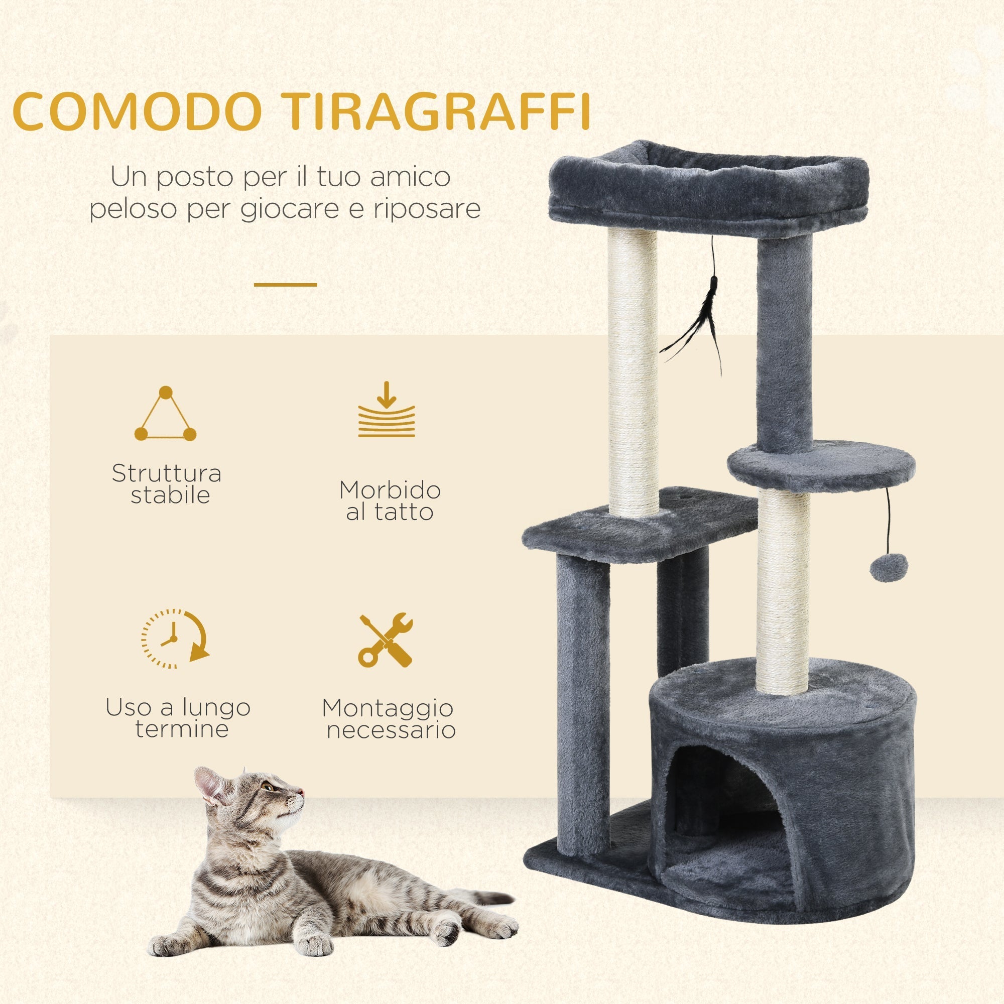 Cat Tree for cats with Scratch Pole with Bed, and 2 shelves, white and Grey, 48x35x100cm - Borge' Group Limited