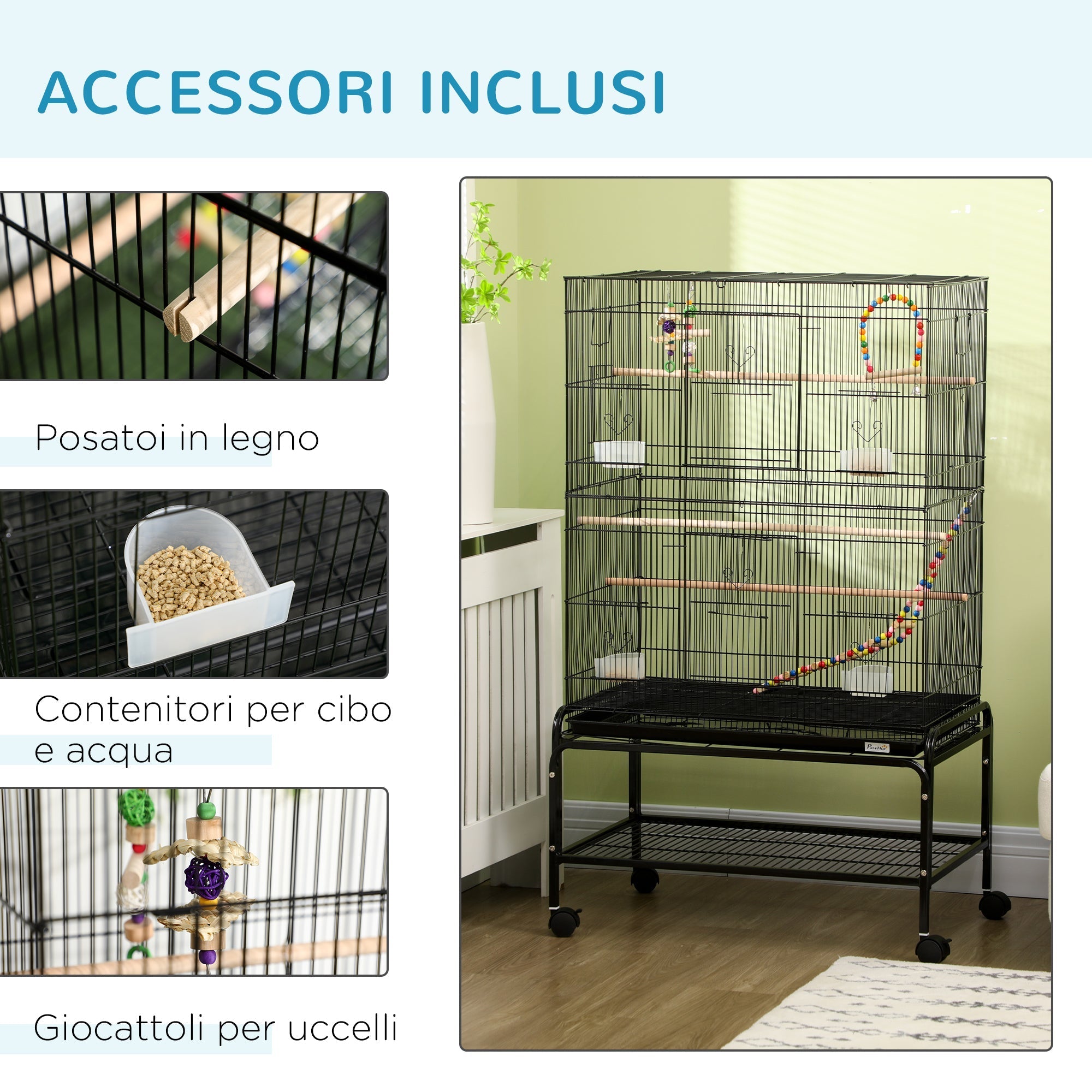 Steel Bird Cage with Perches, Toys, Food Containers and Tray, 79x49x133 cm, Black - Borge' Group Limited