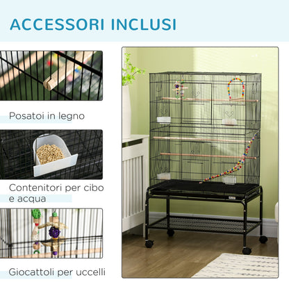 Steel Bird Cage with Perches, Toys, Food Containers and Tray, 79x49x133 cm, Black - Borgè