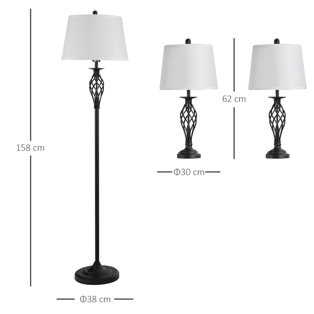 set 3 pieces: 1 ground lamp and 2 metal table lamps, vintage design, E27 bulbs, black and white - Borgè